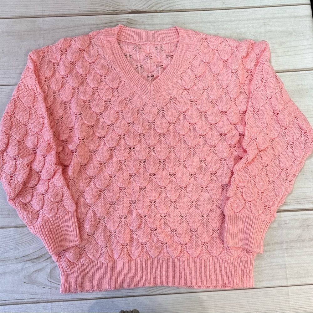 Petal Pink Teardrop Knit V Neck Loose Knit Sweater Feminine Girly Barbiecore